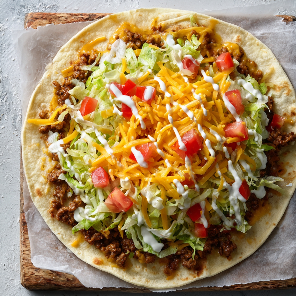 Homemade Crunchwrap Supreme on a tortilla topped with seasoned beef, lettuce, tomatoes, cheddar cheese, and sour cream drizzle on parchment paper in natural light.