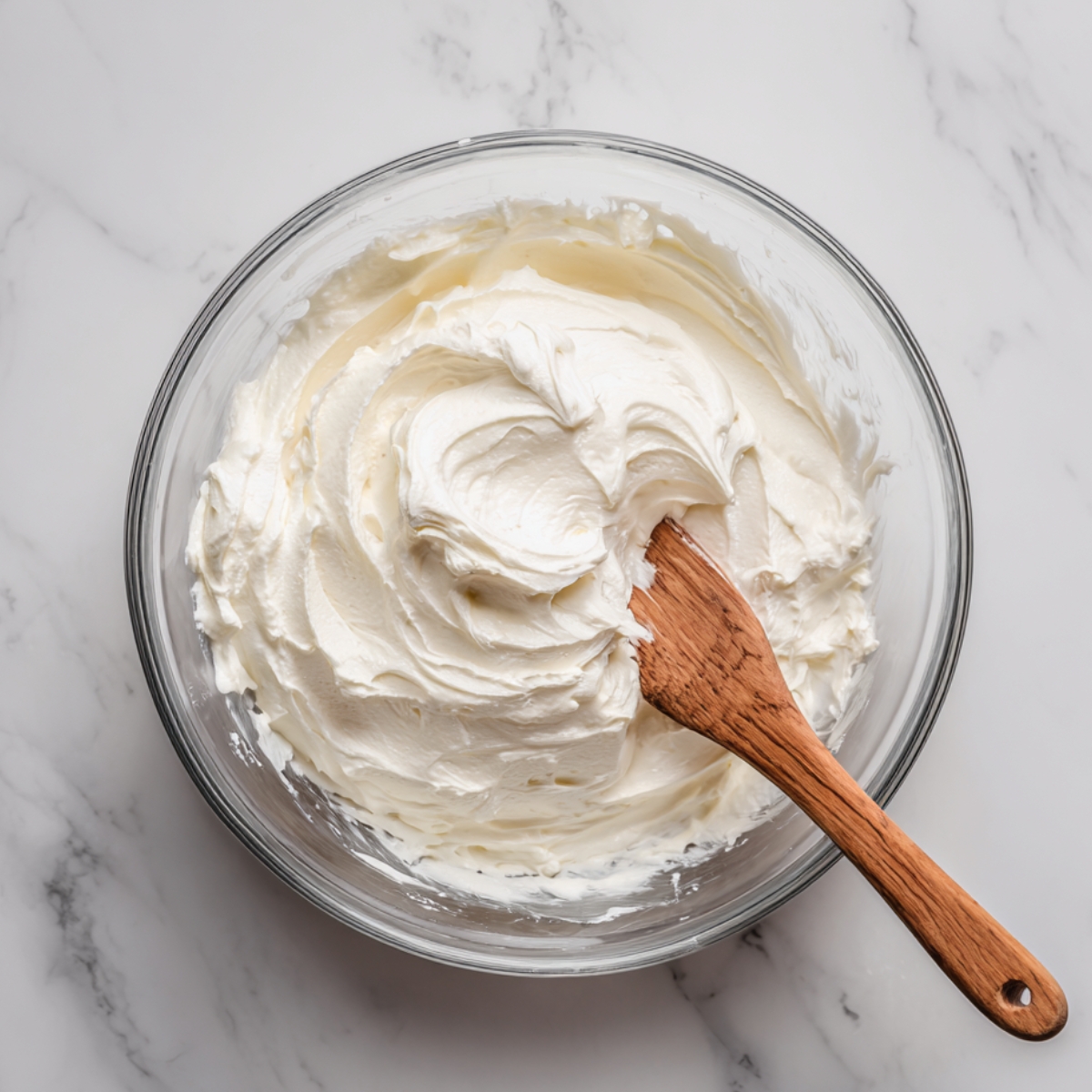 A glass bowl filled with smooth, creamy filling, with a wooden spatula resting in the mixture, set on a light marble surface.