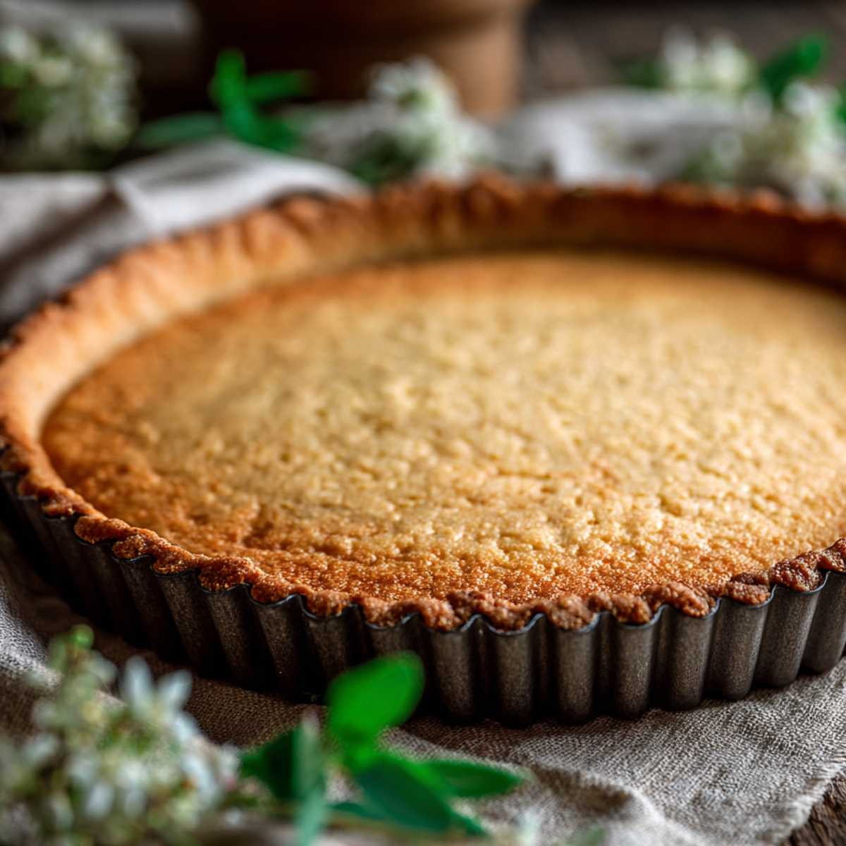 Golden-brown tart crust in a fluted pan on a linen cloth, crisp edges and buttery texture, softly lit with herbs blurred in the background, warm homemade feel.