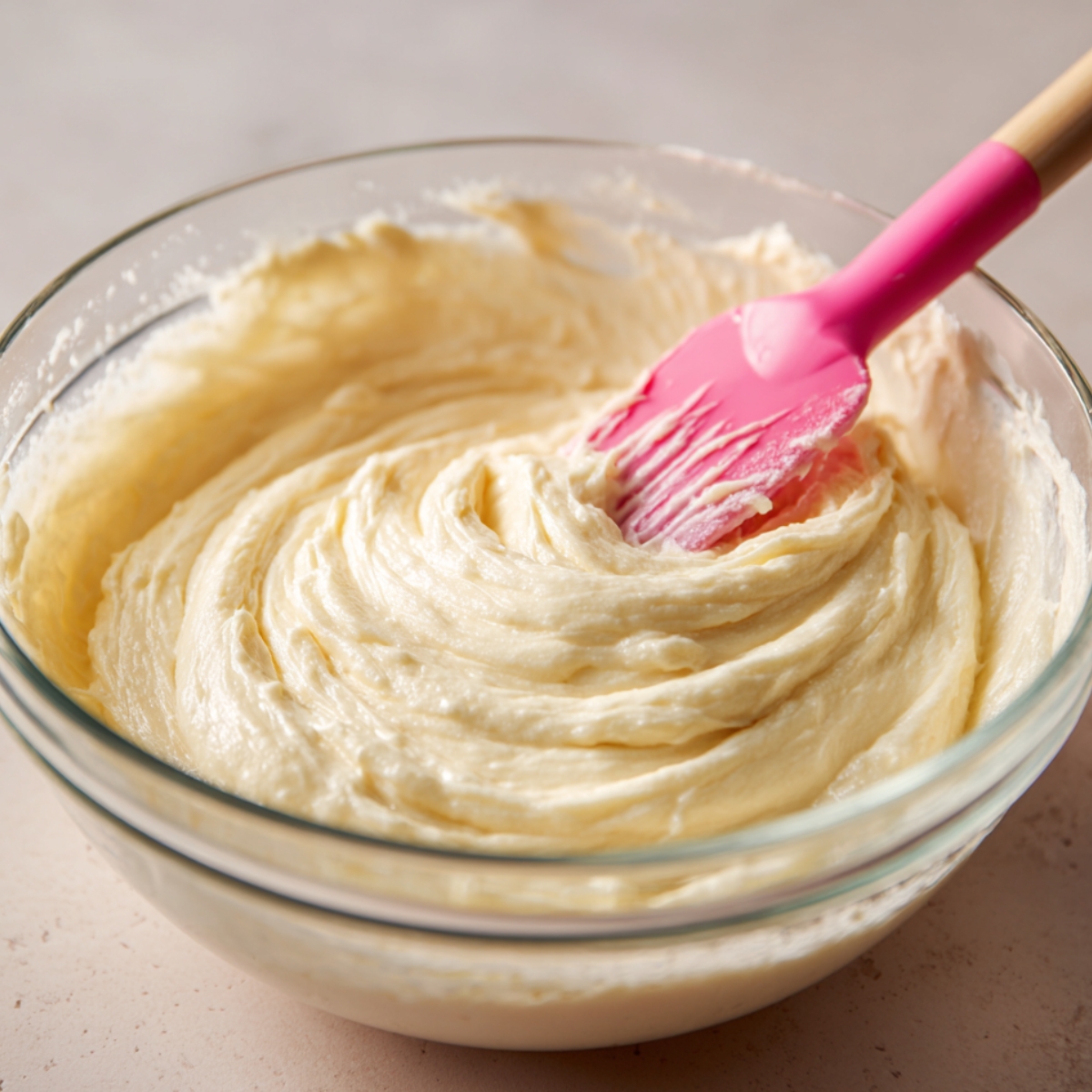 Thick, creamy cake batter in a glass bowl being mixed with a pink silicone spatula, showing smooth swirls and a homemade touch.
