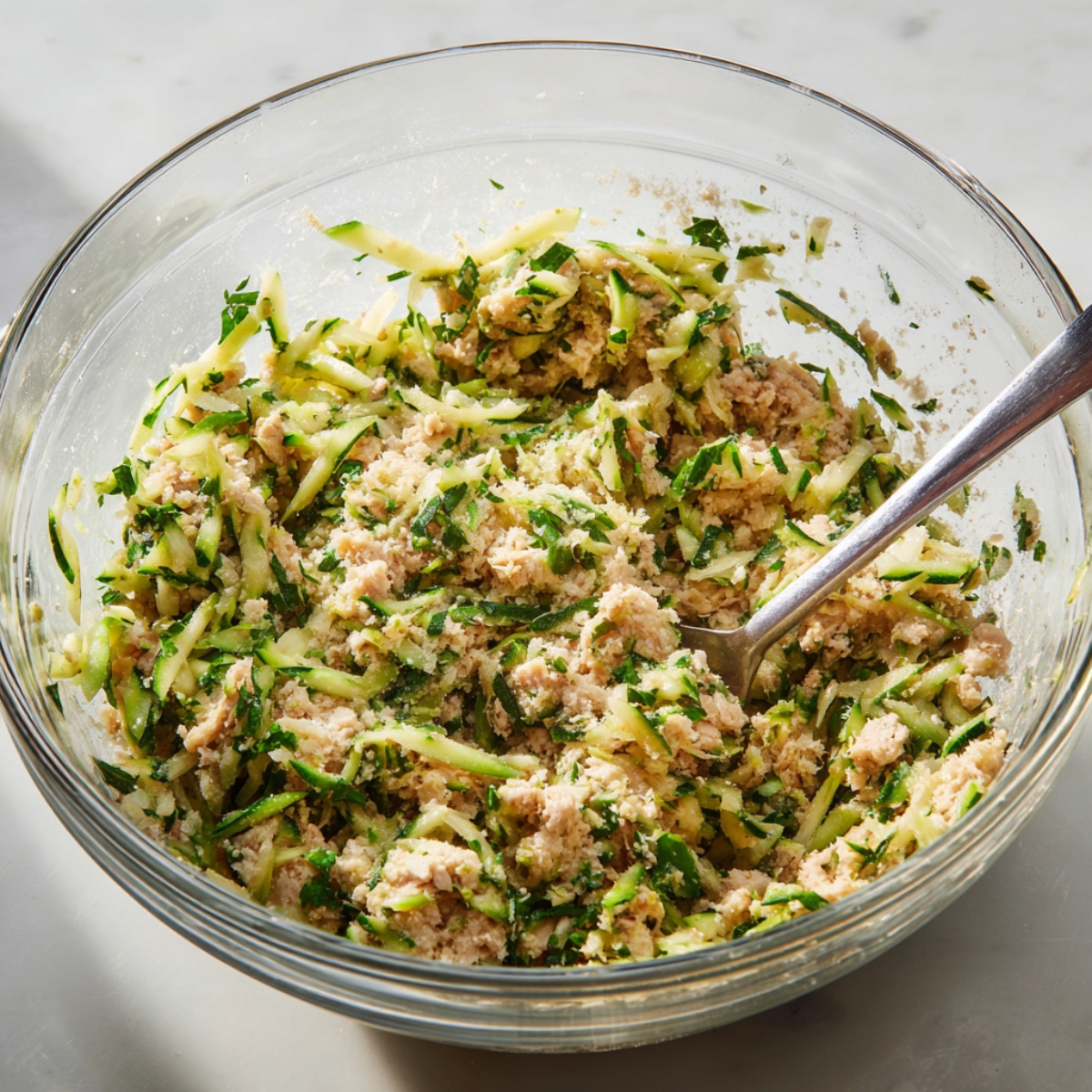 A glass bowl with a mixture of ground chicken, shredded zucchini, herbs, and breadcrumbs, stirred with a fork. The zucchini is finely grated, and the mixture looks moist and well-combined.