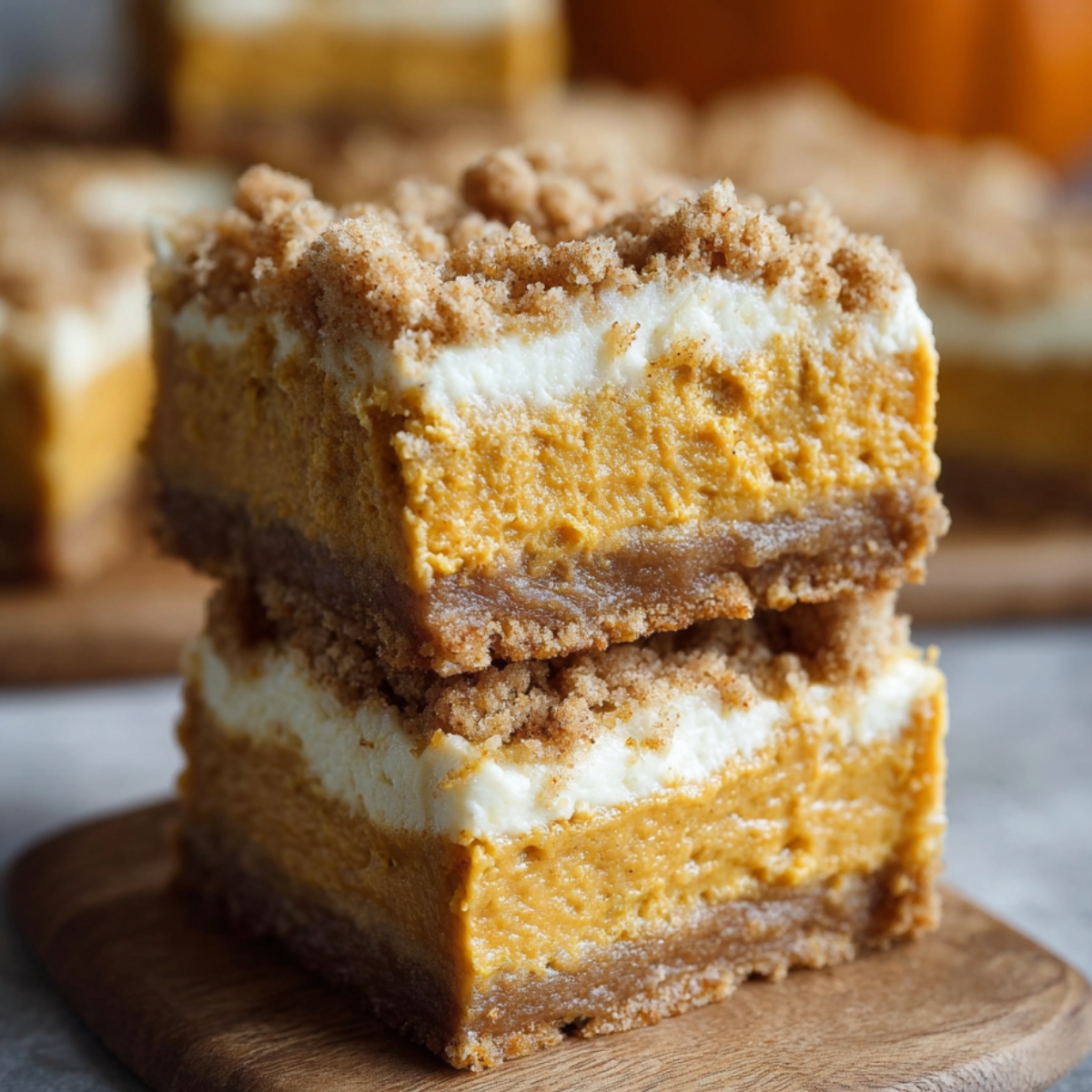 Pumpkin cheesecake bars with crumbly graham crust, creamy pumpkin and cheesecake layers, and cinnamon crumble topping on a wooden board.