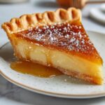 Salted Honey Pie with golden crust, creamy filling, and glossy honey topping on a speckled plate.