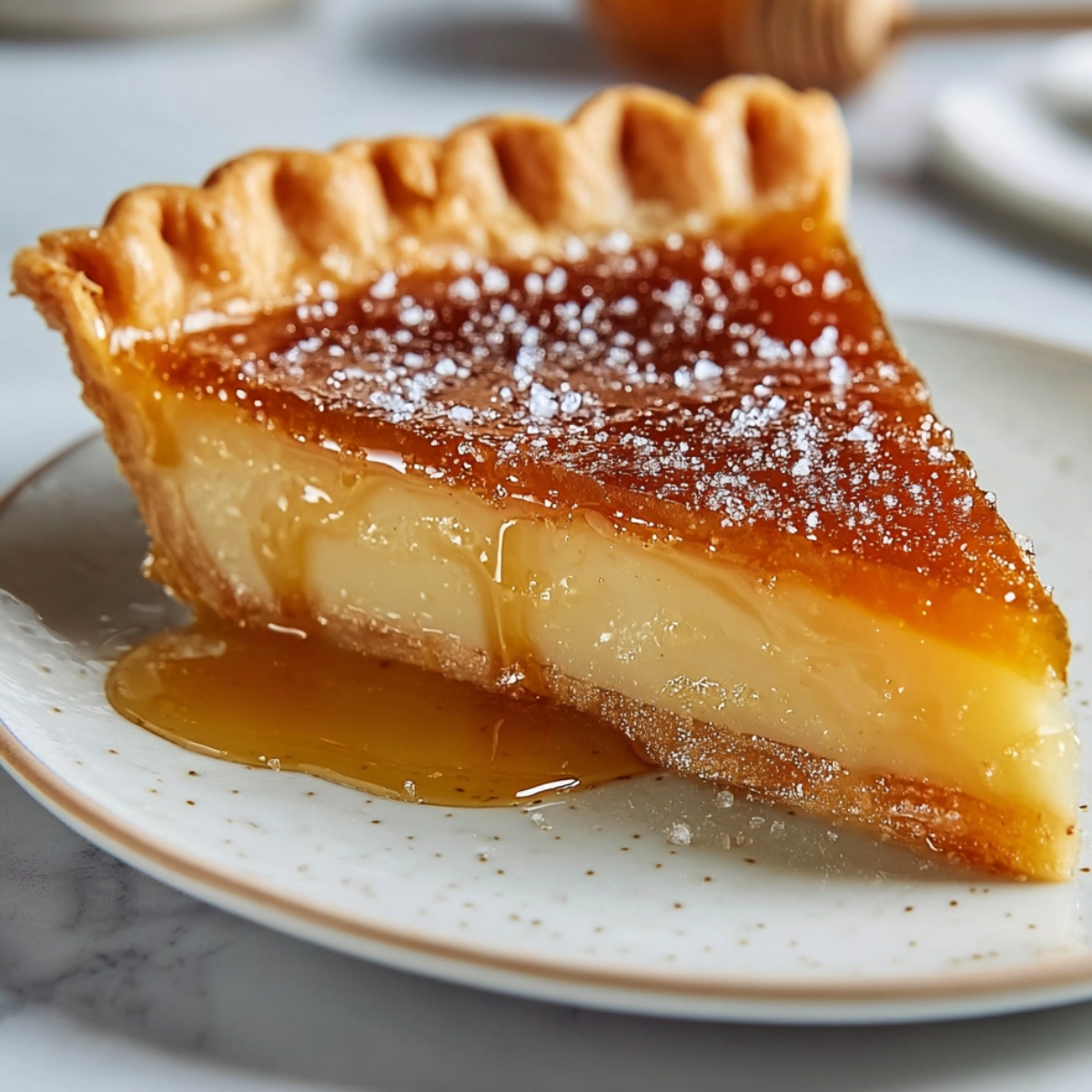Salted Honey Pie with golden crust, creamy filling, and glossy honey topping on a speckled plate.