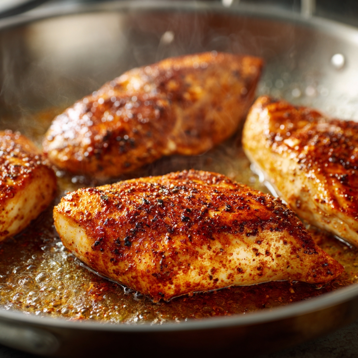 Juicy, golden-brown chicken breasts searing in a skillet with smoky seasoning for a homemade street corn chicken rice bowl.