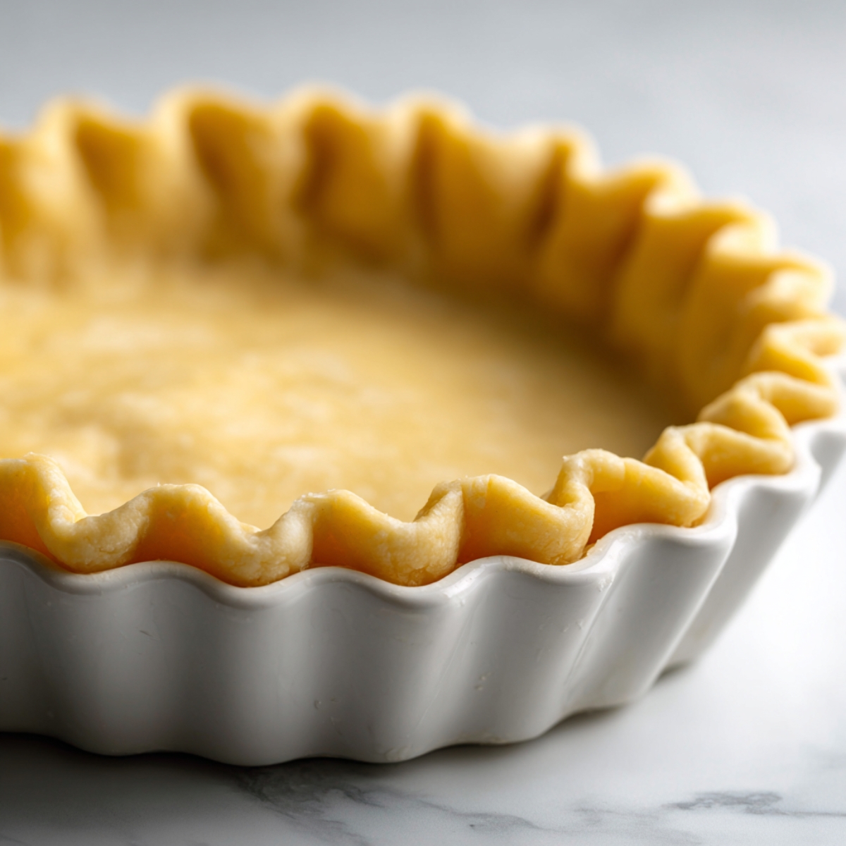 Homemade pie crust with hand-crimped edges in a white ceramic dish, golden and flaky on a marble counter.