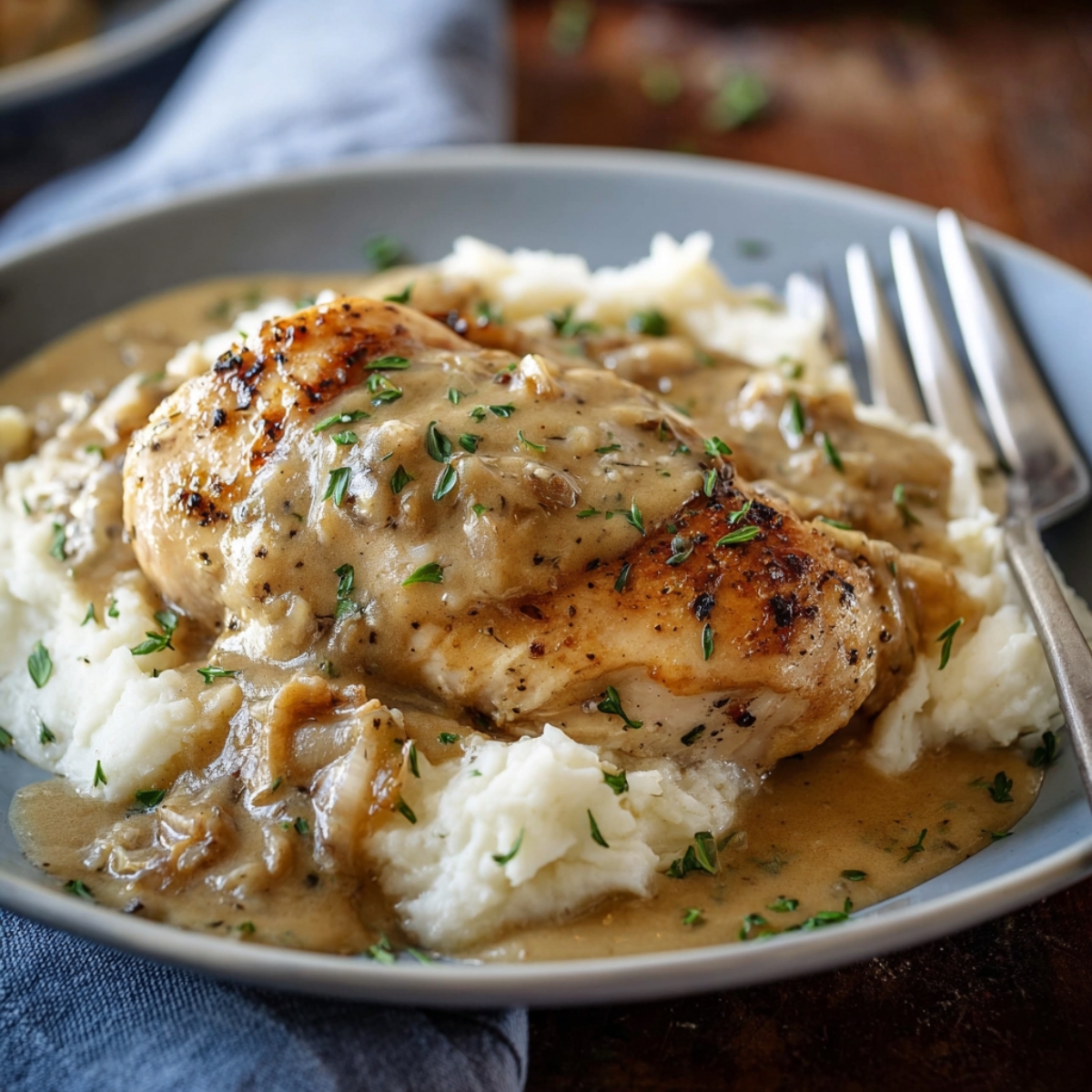 Homemade slow cooker chicken and gravy over mashed potatoes on a gray plate, topped with onion gravy and thyme, warm natural light.
