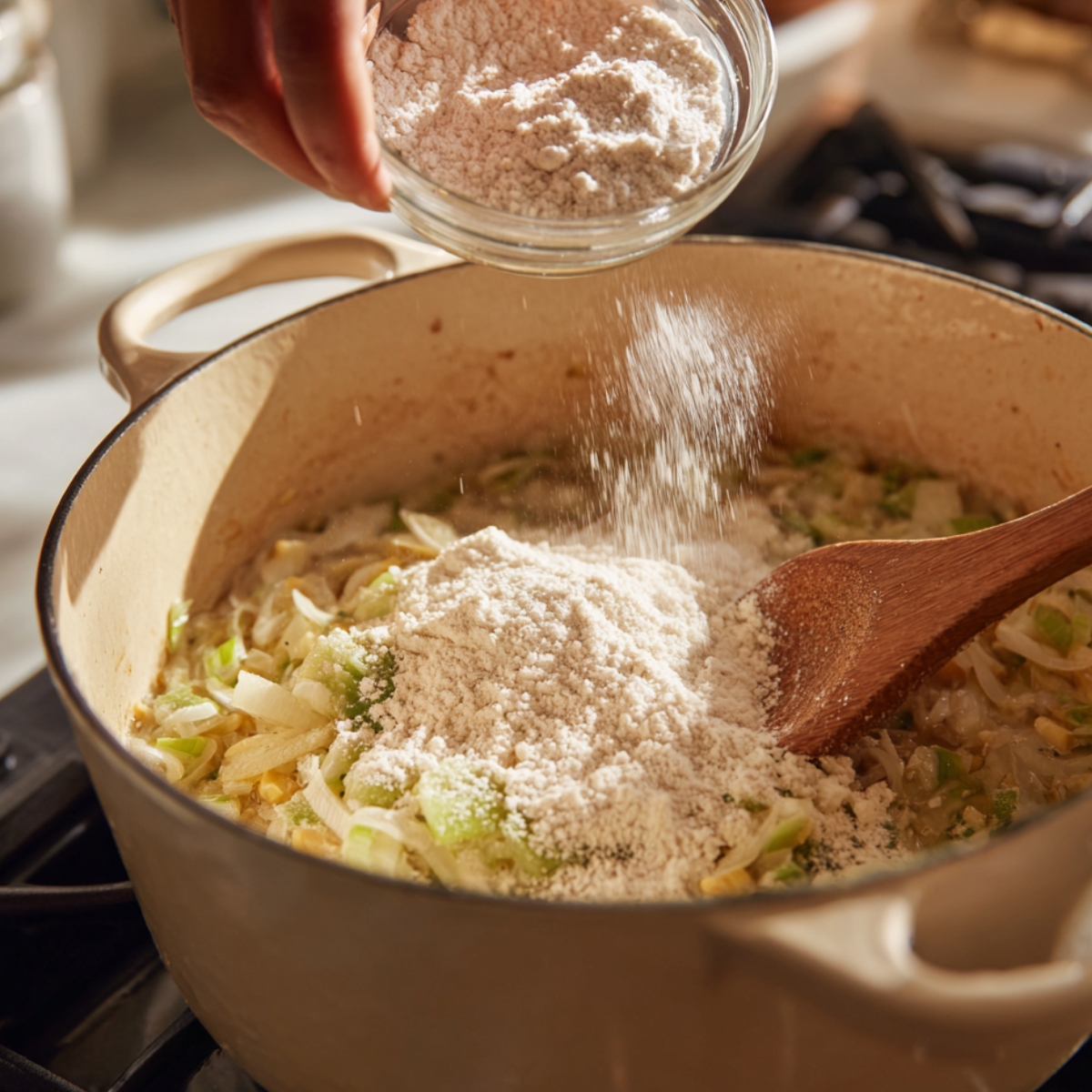 Hand sprinkling flour into a pot of sautéed onions, celery, and corn with a wooden spoon, bathed in warm kitchen light for a cozy homemade feel.