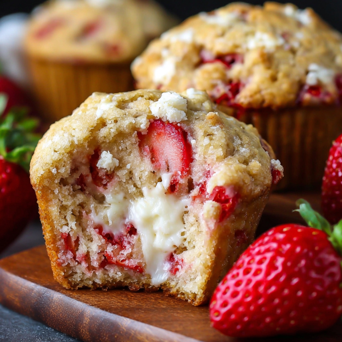 A close-up of a strawberry cream cheese muffin with a crumbly top, showing a bite taken out to reveal fresh strawberries and creamy filling inside, with a whole strawberry beside it