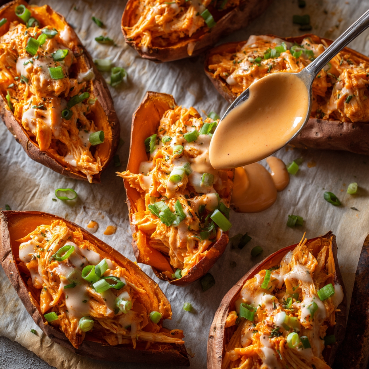Buffalo chicken stuffed sweet potatoes topped with ranch and green onions, with a spoon drizzling sauce over them on parchment paper, warm and homemade.