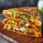 Taco Bell Crunchwrap Supreme cut and stacked on a wooden board, showing layers of beef, melted cheese, lettuce, tomatoes, and sour cream in a golden toasted tortilla.