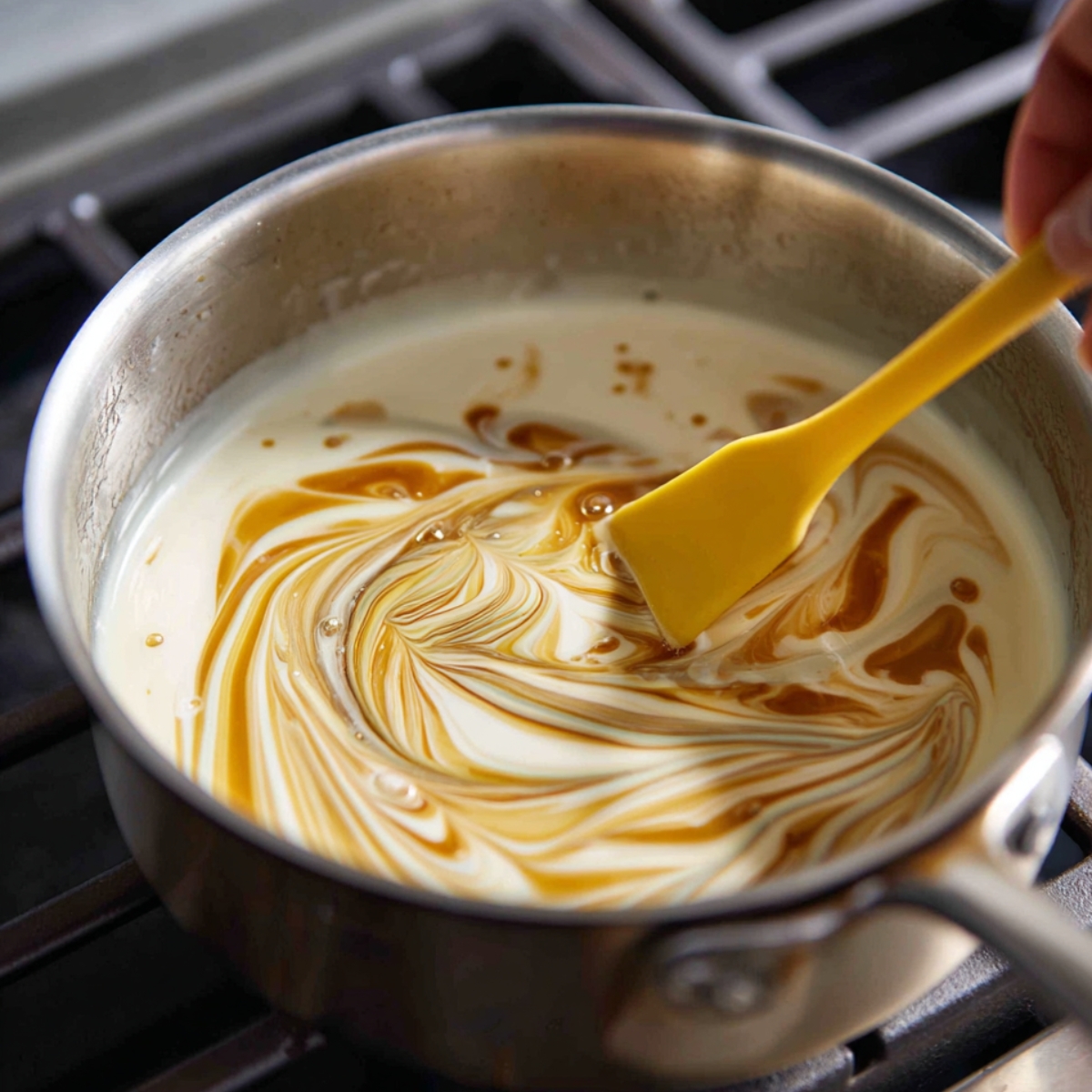 A saucepan of coconut tapioca pudding being stirred with a yellow spatula, showing swirls of caramel-colored syrup mixing into the creamy coconut base on a stovetop.