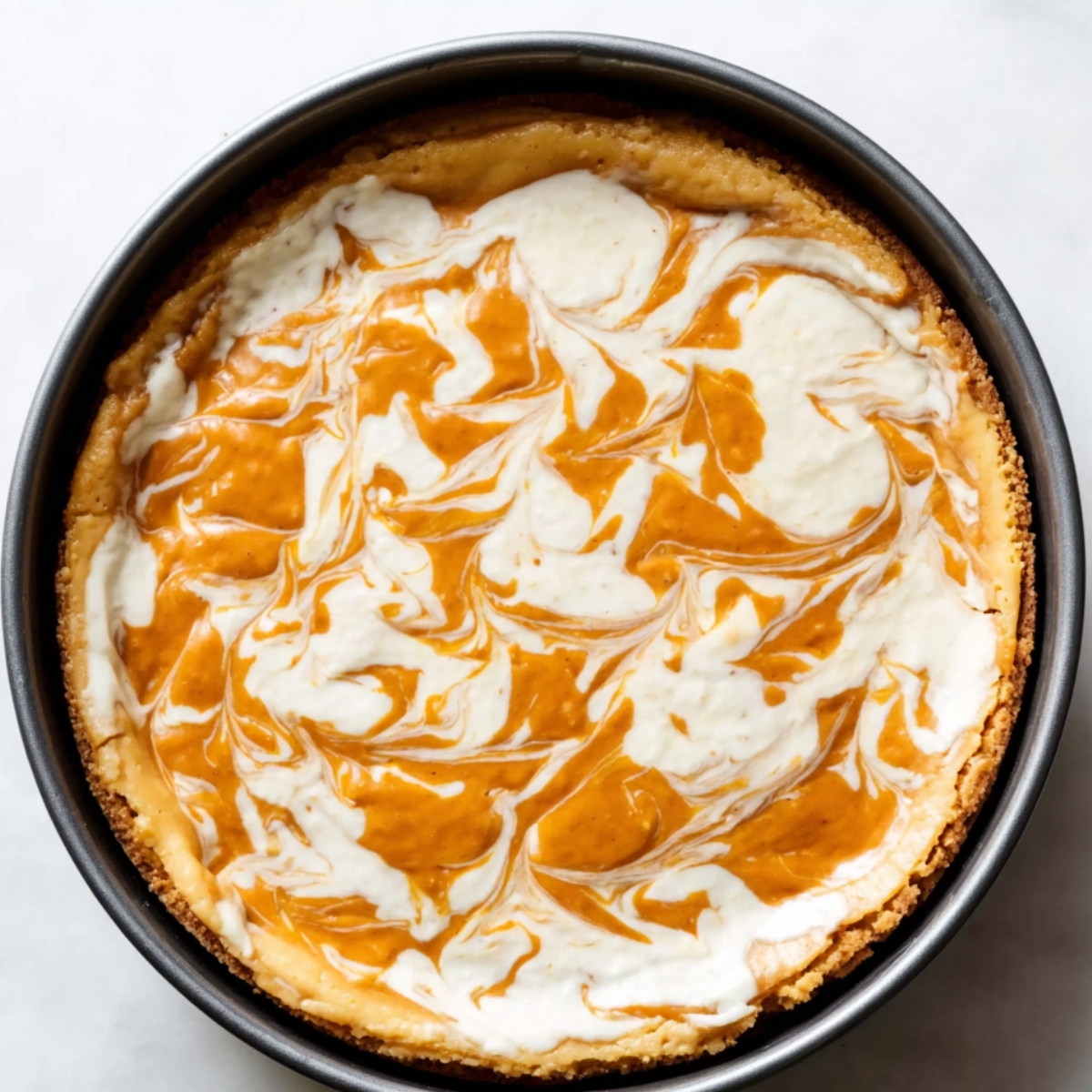 A homemade pumpkin swirl cheesecake in a round pan with pumpkin and cream cheese batter swirled on top before baking.