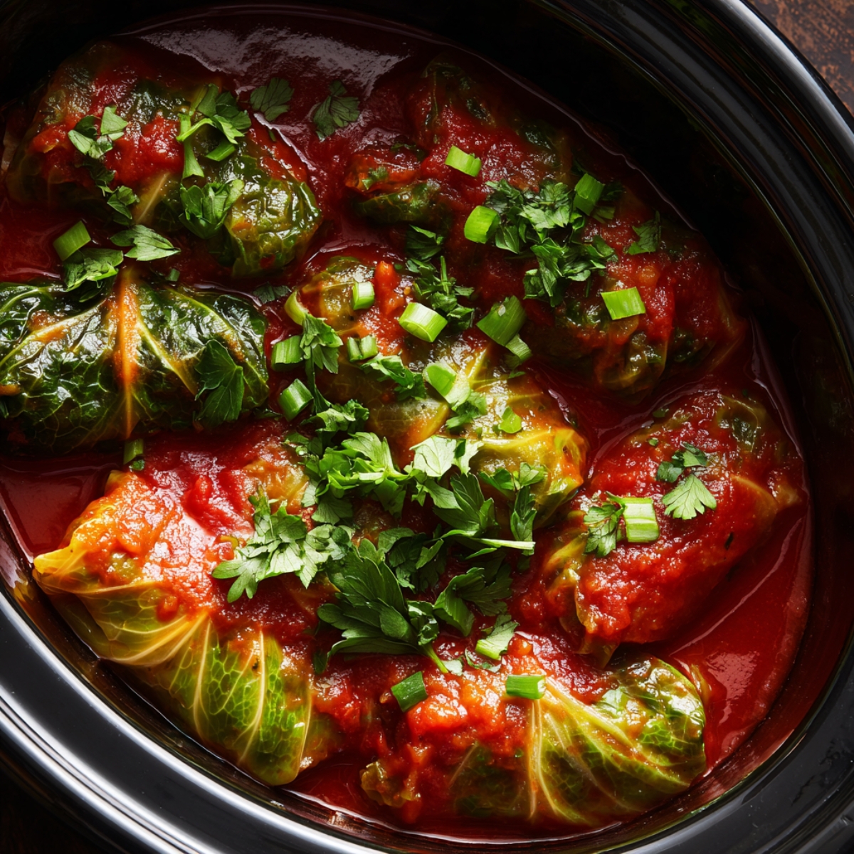 Homemade stuffed cabbage rolls simmering in a slow cooker, covered in rich tomato sauce and topped with fresh chopped parsley and green onions.