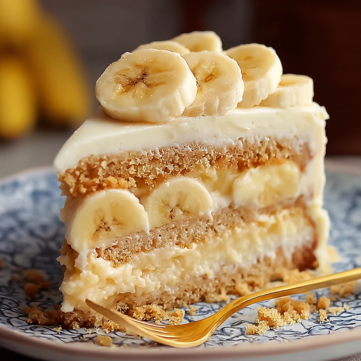 Banana Pudding Cake layered with fresh banana slices and creamy filling, topped with sliced bananas, sitting on a blue patterned plate with a gold fork and scattered crumbs.