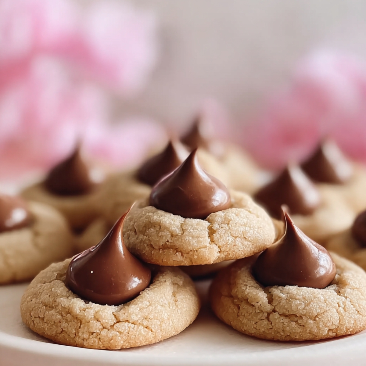 A plate of homemade peanut butter blossom cookies topped with glossy chocolate kisses, with soft cracks on the cookies and a blurred pink background.