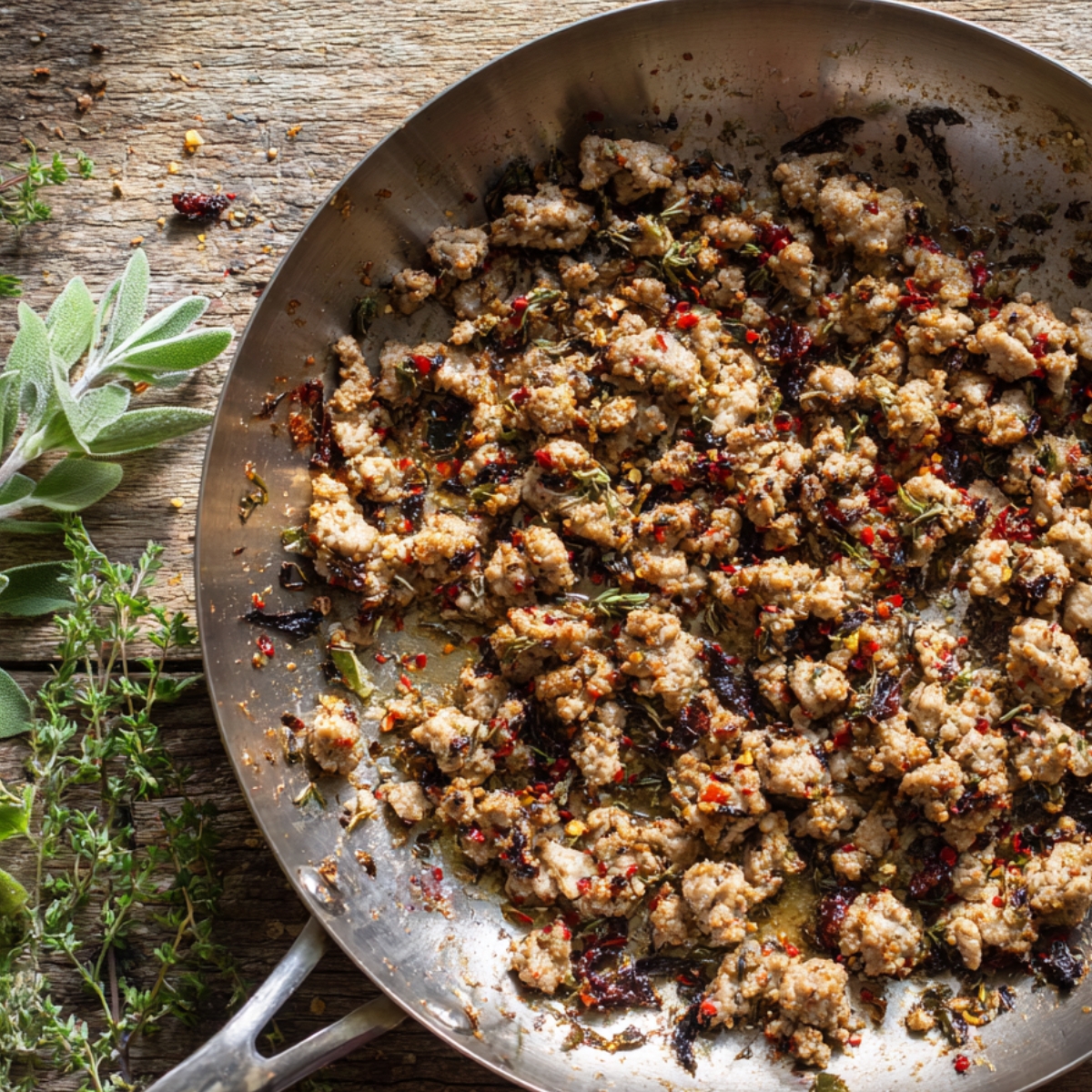 Browned Italian sausage with herbs and chili flakes cooking in a stainless-steel skillet.
