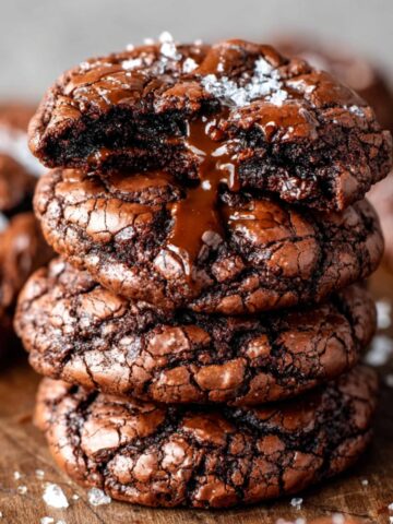 Brownie Mix Cookies with gooey melted chocolate centers and a sprinkle of flaky sea salt on top.
