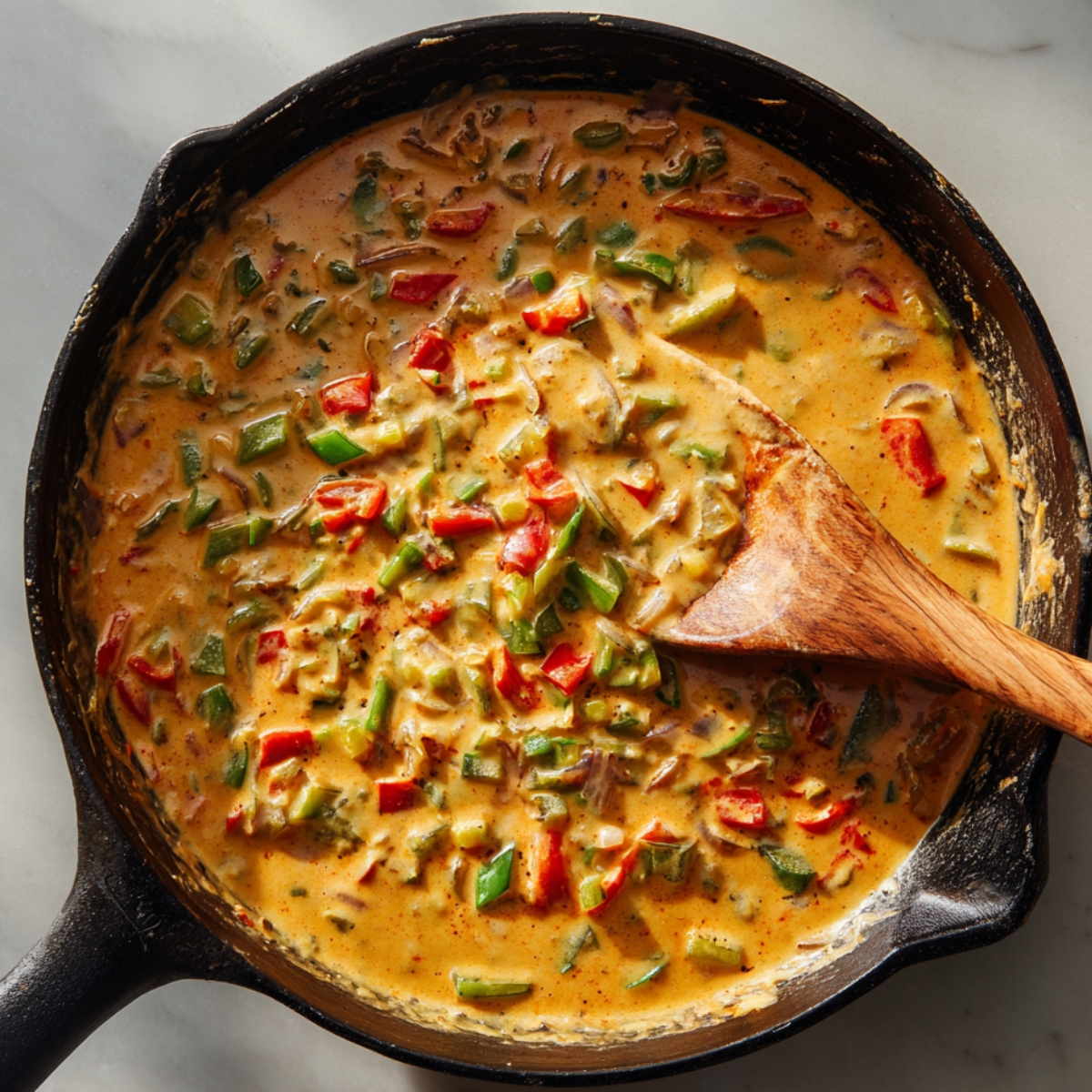 Creamy Cajun sauce with diced red and green peppers simmering in a black skillet, stirred with a wooden spoon.