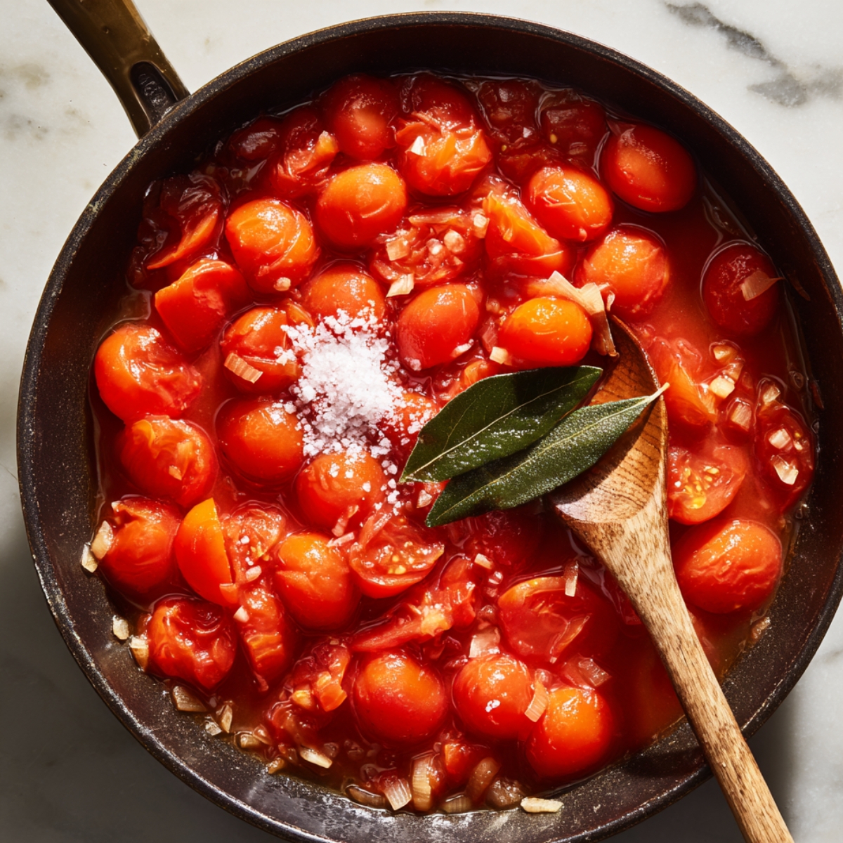 Whole tomatoes simmering with onions, salt, and bay leaves in a skillet with a wooden spoon.