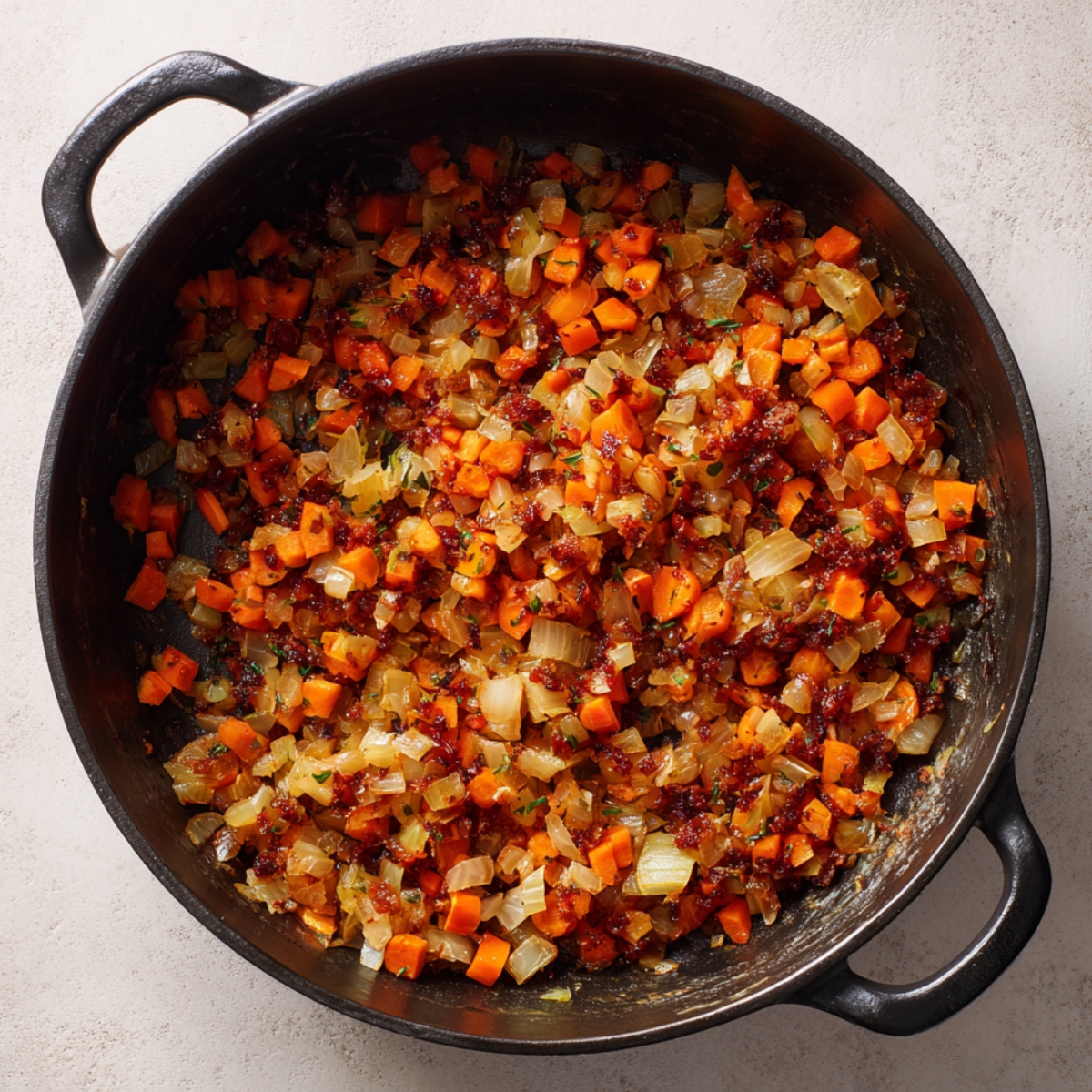 Sautéed diced onions, carrots, and celery cooking down with tomato paste in a large pan to build the flavor base.