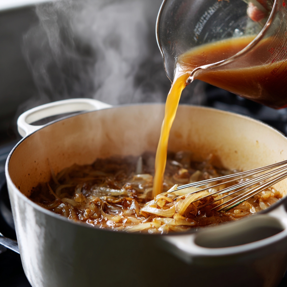 Homemade French onion pot roast in progress with broth being poured into a Dutch oven filled with caramelized onions, steam rising as a whisk stirs the rich sauce base on the stove.