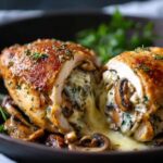 Cheesy Garlic Butter Mushroom Stuffed Chicken with creamy cheese, garlic, and mushrooms, sliced open with melted filling spilling onto the plate and surrounded by sautéed mushrooms.