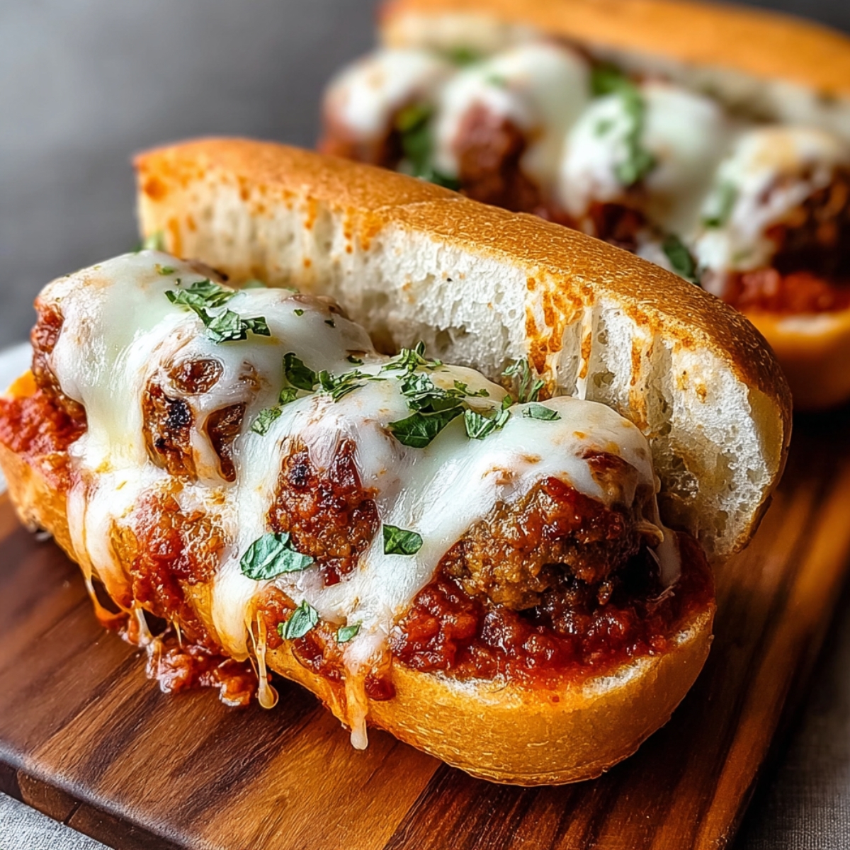 Cheesy Meatball Subs topped with melted mozzarella and fresh herbs on toasted hoagie rolls.