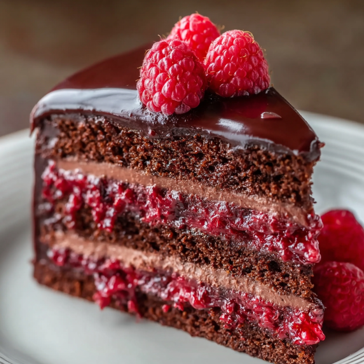 Homemade chocolate raspberry layer cake slice with glossy chocolate ganache, rich cocoa sponge, and bright raspberry filling topped with fresh raspberries on a white plate.