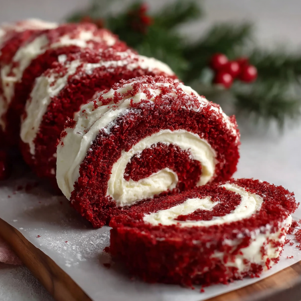 Christmas Red Velvet Cake Roll with creamy white frosting, sliced on parchment paper over a wooden board, sprinkled with cake crumbs and powdered sugar, decorated with evergreen sprigs and red berries.