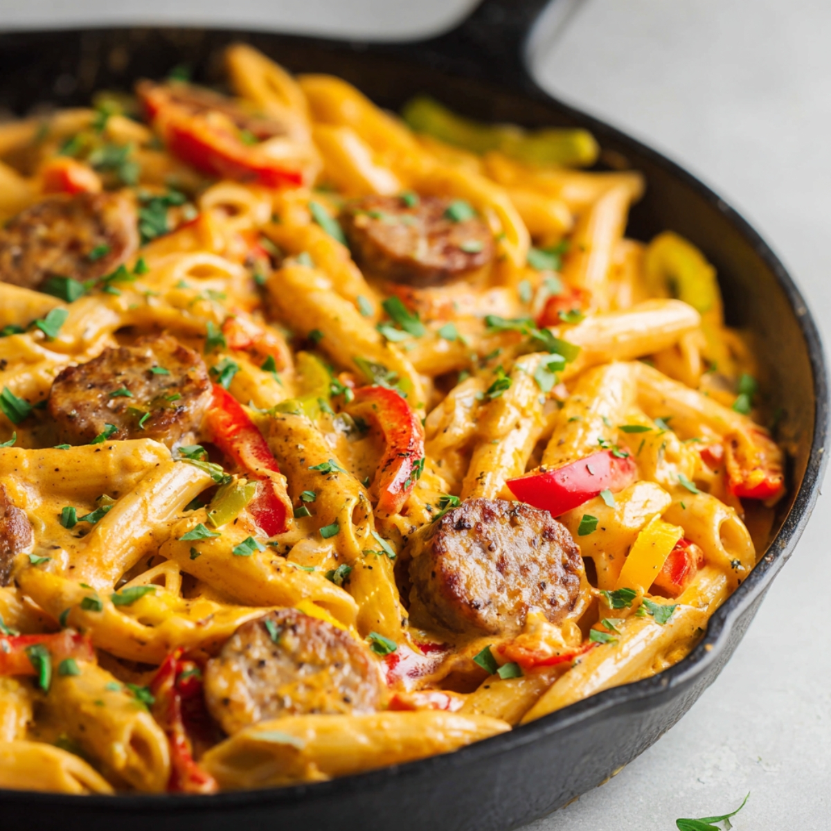 Creamy Cajun sausage pasta served in a black cast iron skillet, filled with penne pasta coated in a rich orange-tinted sauce, slices of browned sausage, and sautéed red and yellow bell peppers, all topped with a sprinkle of fresh chopped parsley for a homemade finish.