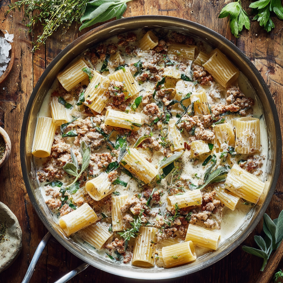 Rigatoni simmering in a creamy Italian sausage sauce with fresh herbs in a skillet.