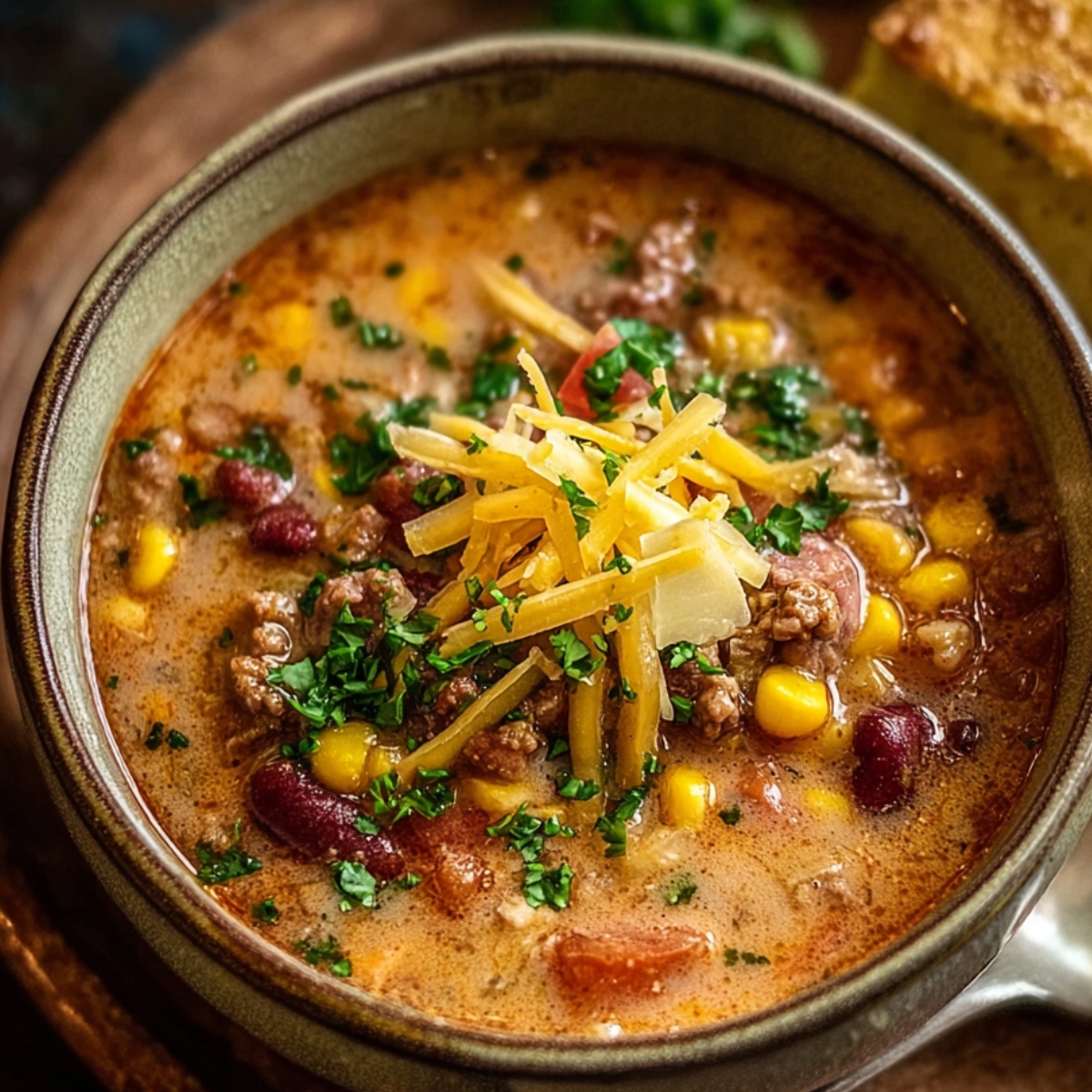 Cowboy Soup filled with ground beef, beans, corn, tomatoes, and spices, topped with shredded cheddar and fresh parsley.