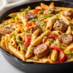 Homemade Creamy Cajun Sausage Pasta in a cast iron skillet with penne, sliced sausage, and colorful bell peppers, topped with herbs and parmesan.