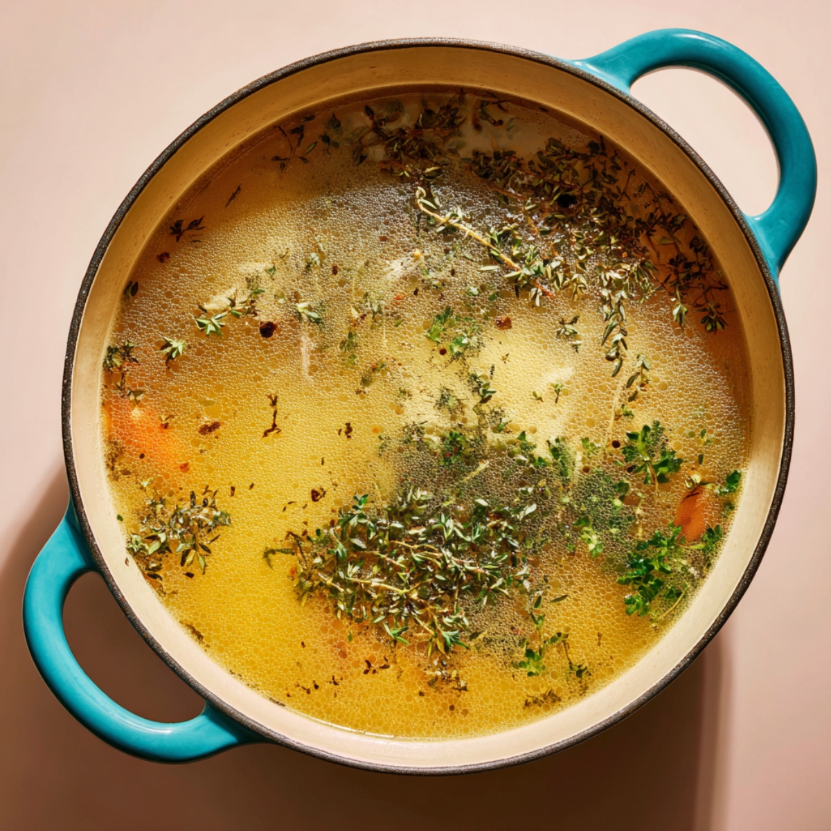 Homemade chicken broth simmering with herbs in a cream-colored Dutch oven with teal handles for Bisquick chicken and dumplings.