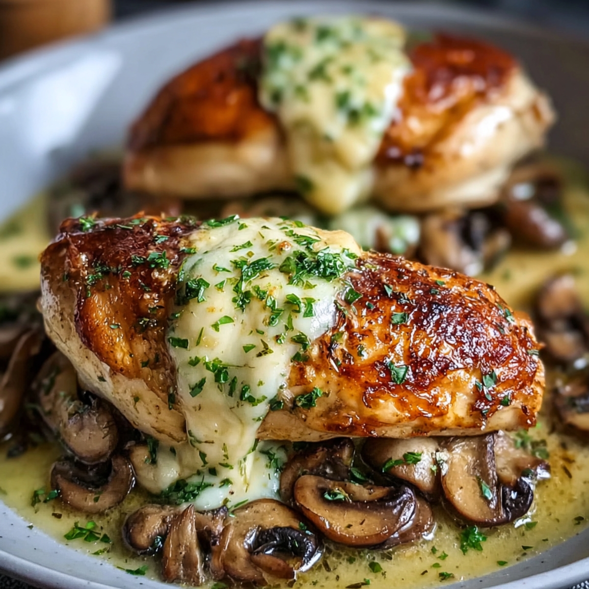 Close-up of homemade chicken breasts topped with melted cheesy garlic butter sauce, served over sautéed mushrooms with fresh herbs.