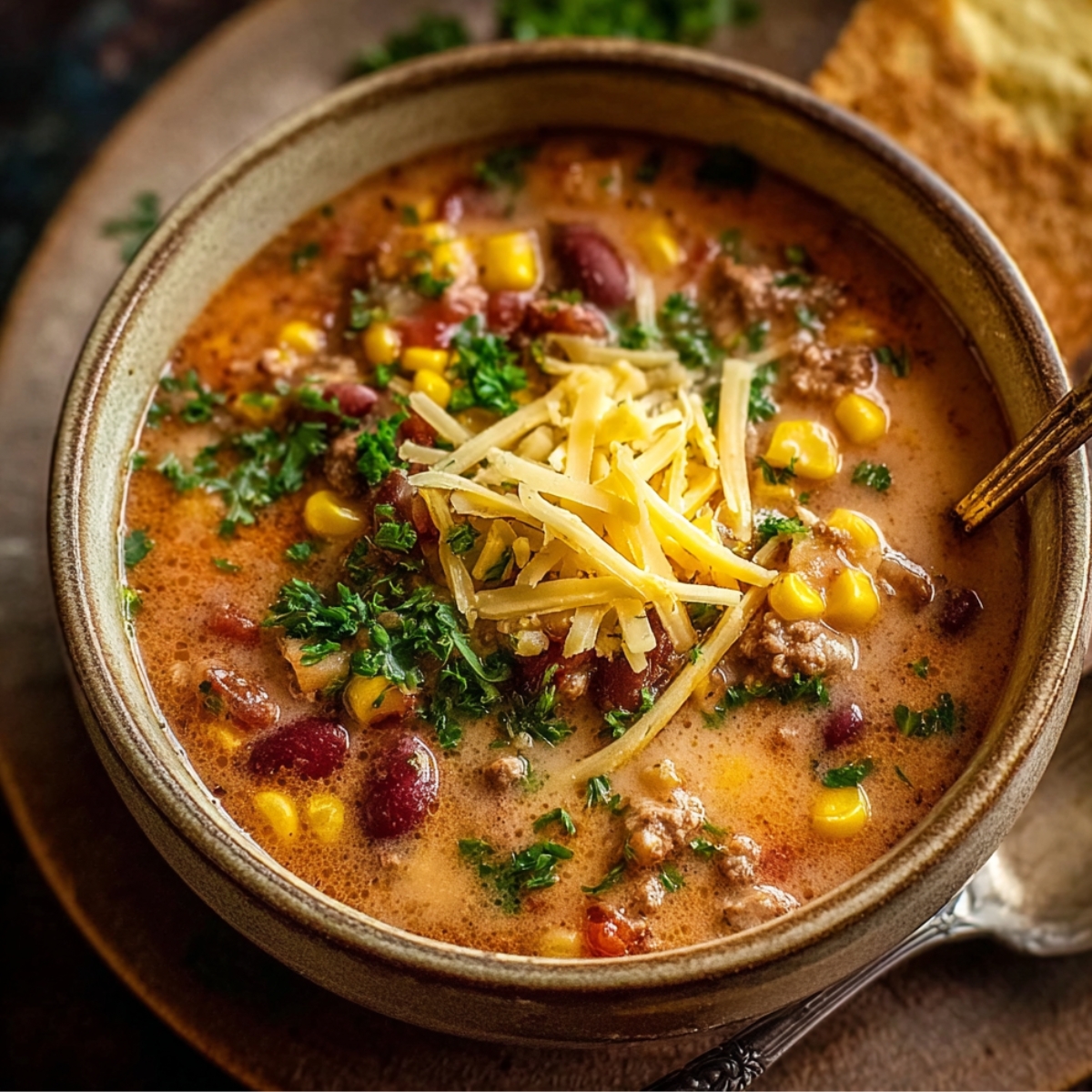 A hearty bowl of homemade cowboy soup filled with ground beef, beans, corn, tomatoes, and spices, topped with shredded cheddar and fresh parsley.
