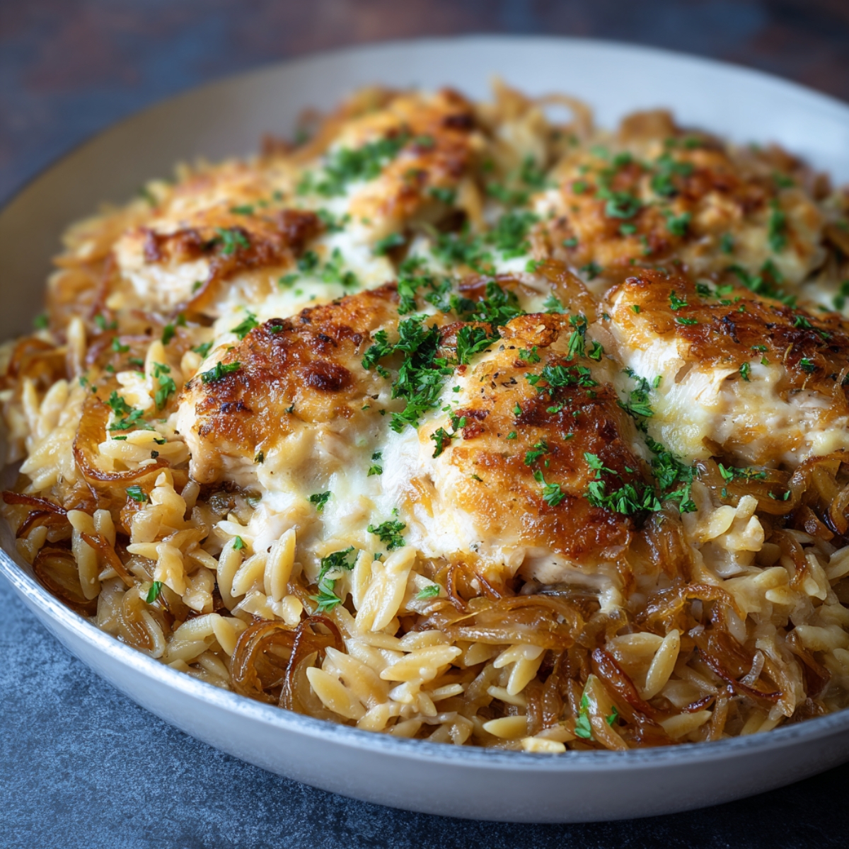Homemade French onion chicken orzo with golden seared chicken, caramelized onions, creamy orzo, and fresh parsley in a skillet.