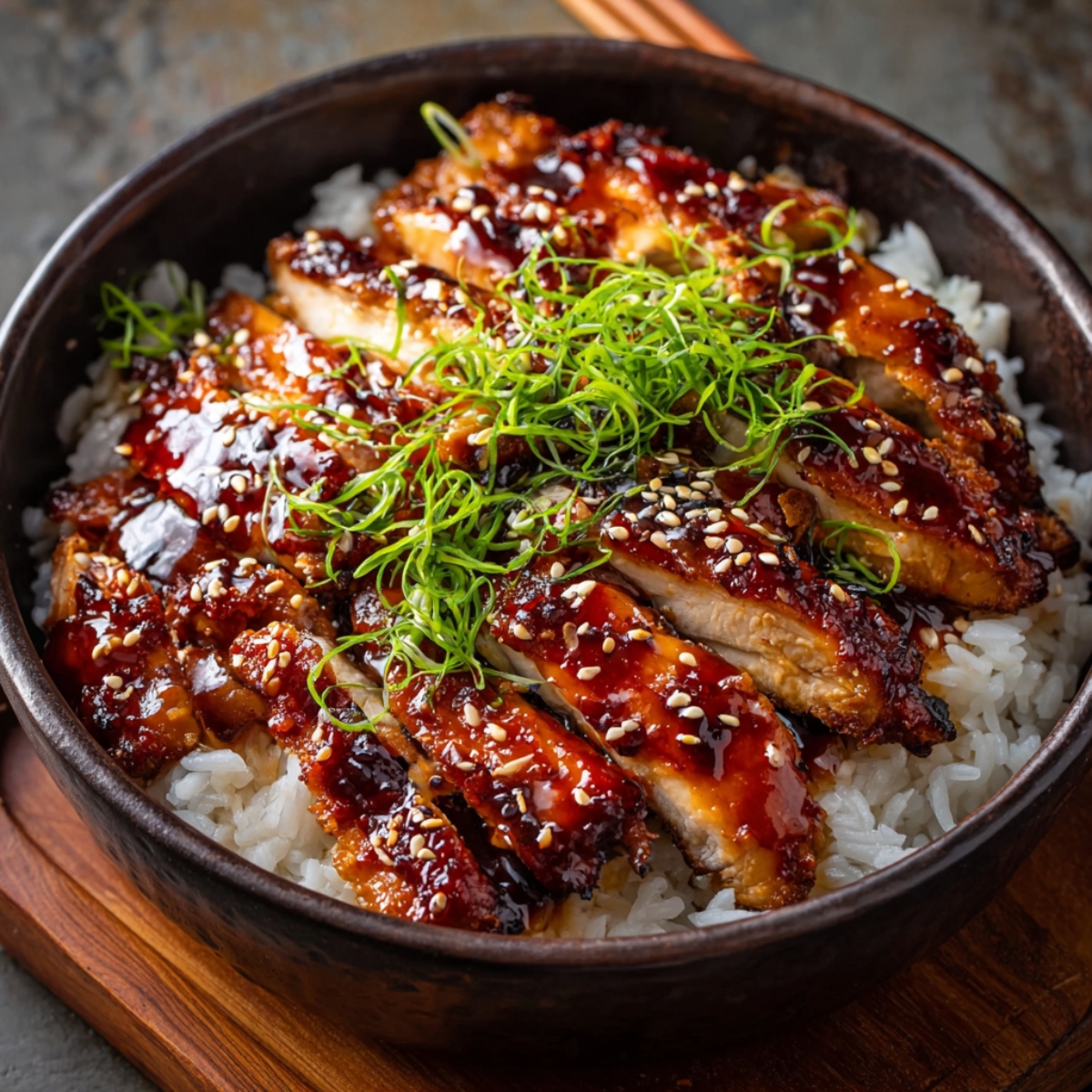 Easy Homemade Teriyaki Chicken Recipe sliced over white rice in a rustic brown bowl, glazed with thick soy sauce and topped with sesame seeds and fresh green onions.