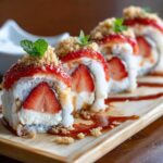 Easy Strawberry Shortcake Sushi Roll with fresh strawberries, whipped cream filling, graham cracker crumbs, mint leaves, and drizzle on a wooden board.