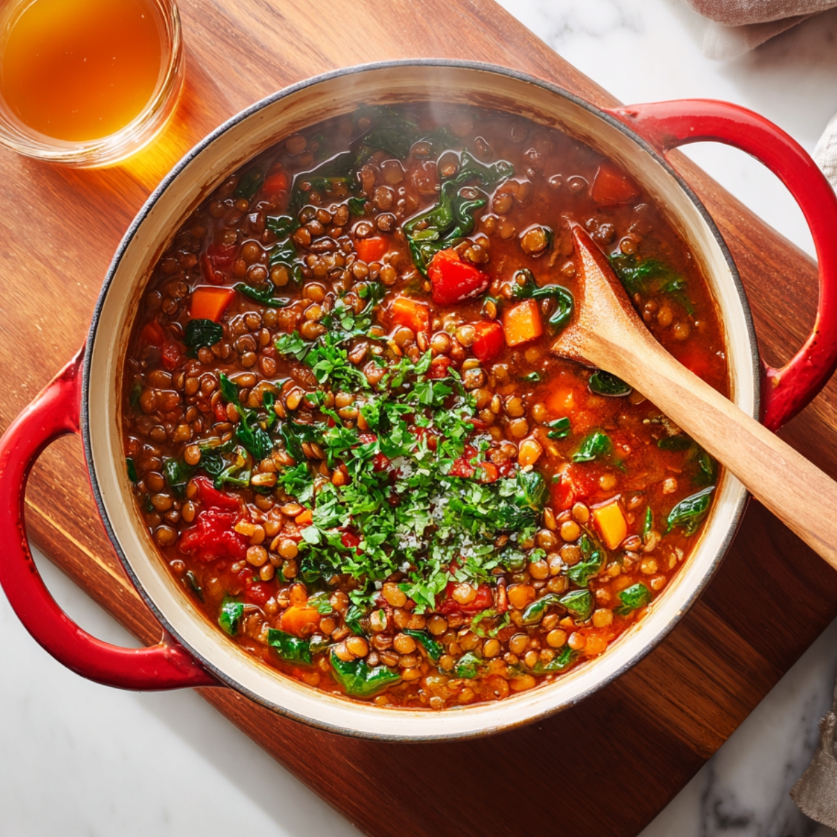 A steaming pot of homemade lentil soup with carrots, tomatoes, spinach, and fresh herbs simmering in a red Dutch oven on a wooden board.