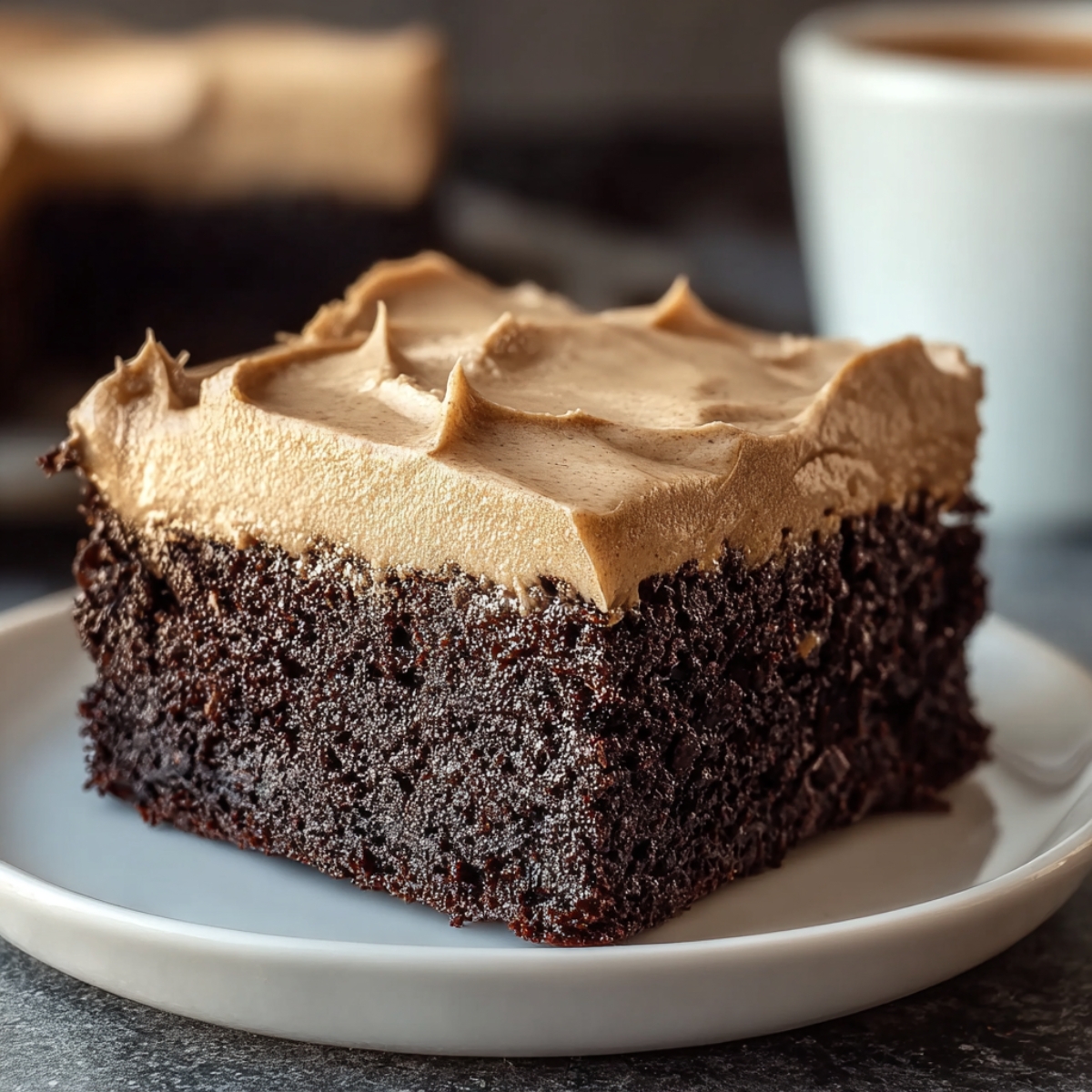 Frosted Coffee Brownies on a white plate, showing a rich, dense chocolate base topped with thick, creamy coffee buttercream frosting, with visible swirls and a slightly rustic texture, set against a cozy kitchen background with a blurred coffee cup.”