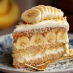 Homemade Banana Pudding Cake with creamy layers and fresh banana slices, topped with sliced bananas, sitting on a blue patterned plate beside a gold fork.