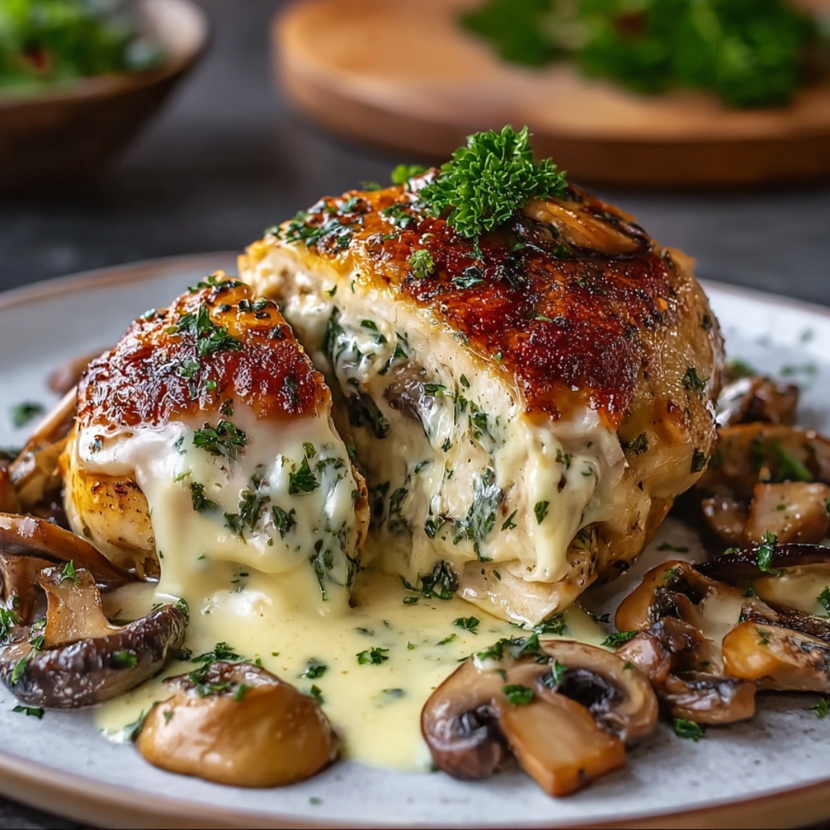 Homemade Cheesy Garlic Butter Mushroom Stuffed Chicken with melted cheese, garlic, and sautéed mushrooms, sliced open to show the creamy filling and golden, crispy skin.
