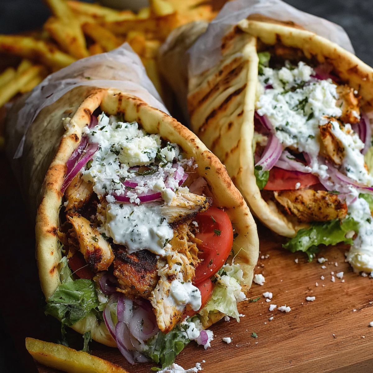 Homemade Chicken Gyro filled with grilled chicken, fresh vegetables, and tzatziki sauce, arranged on a wooden board.