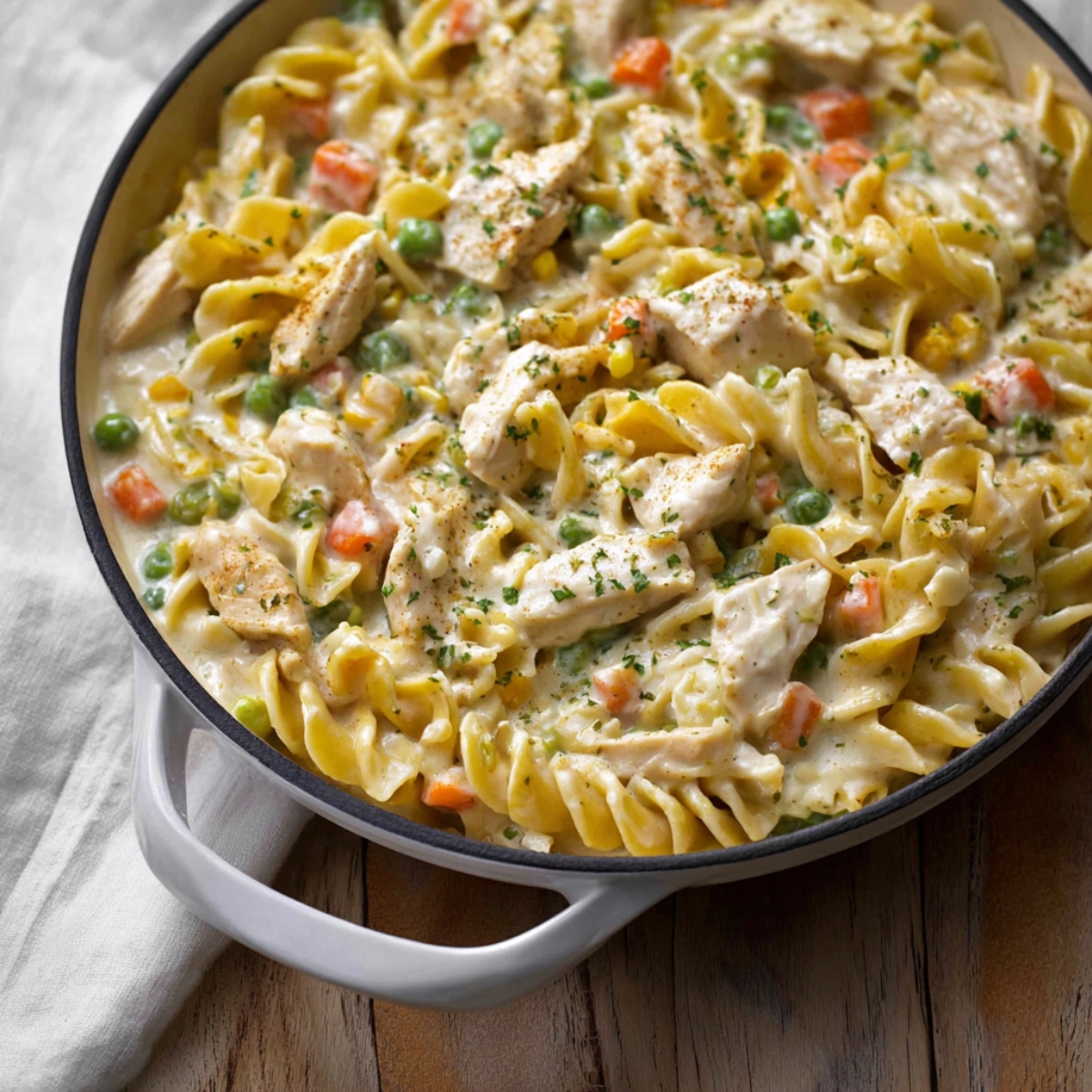 Homemade Chicken Pot Pie Pasta in a white skillet, filled with tender noodles, chunks of chicken, peas, and carrots, coated in a rich, seasoned sauce and garnished with fresh parsley.
