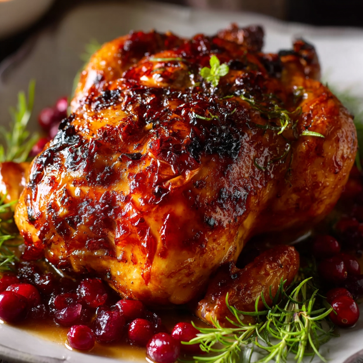 Homemade cranberry maple roast chicken with caramelized skin, fresh rosemary, and whole cranberries on a serving platter.