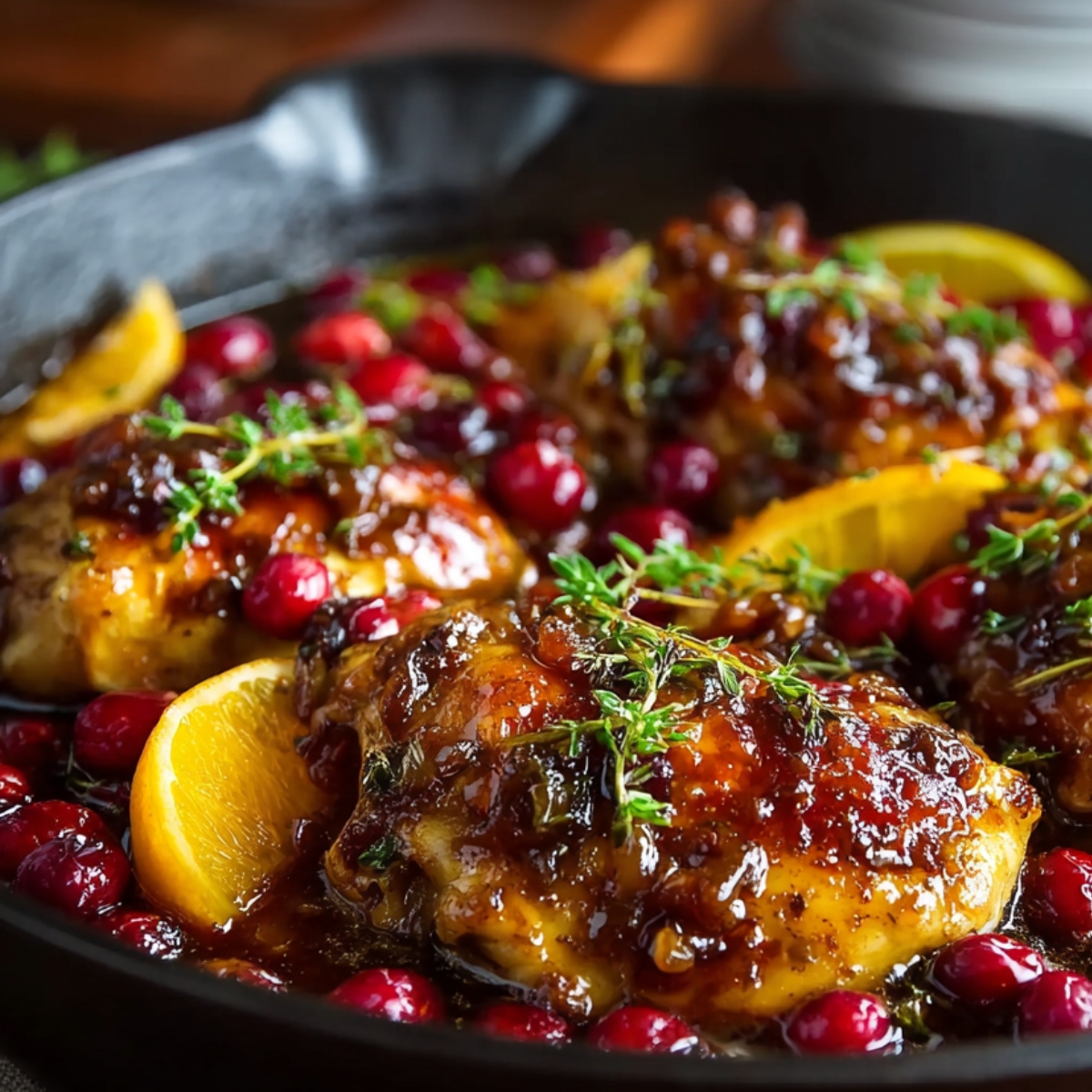 Homemade cranberry orange chicken in a skillet, topped with fresh thyme, whole cranberries, and orange slices in a glossy caramelized sauce.