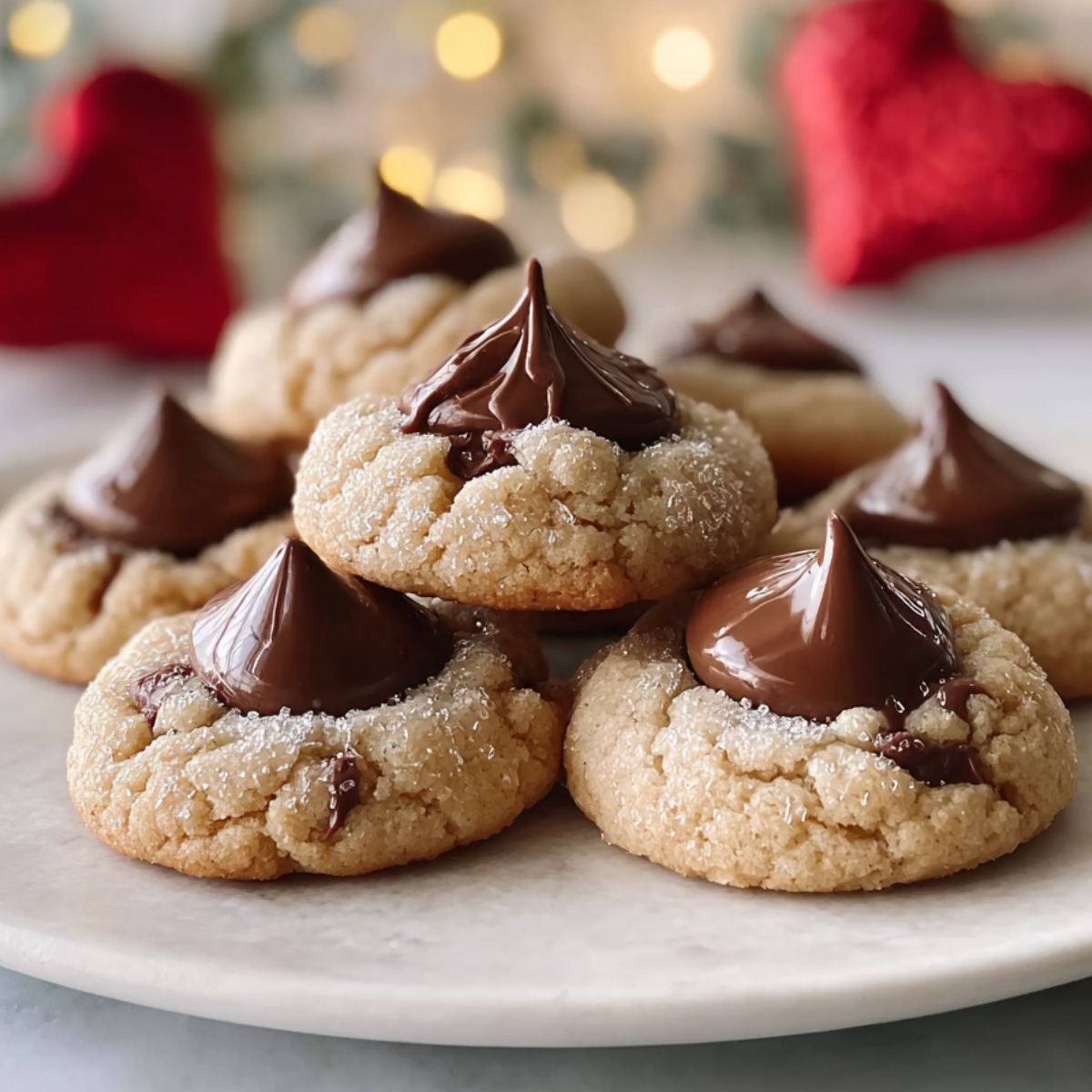 Homemade Hershey Kiss Cookies topped with melted chocolate kisses, lightly sugared and arranged on a plate with soft holiday lights and red heart decorations blurred in the background.
