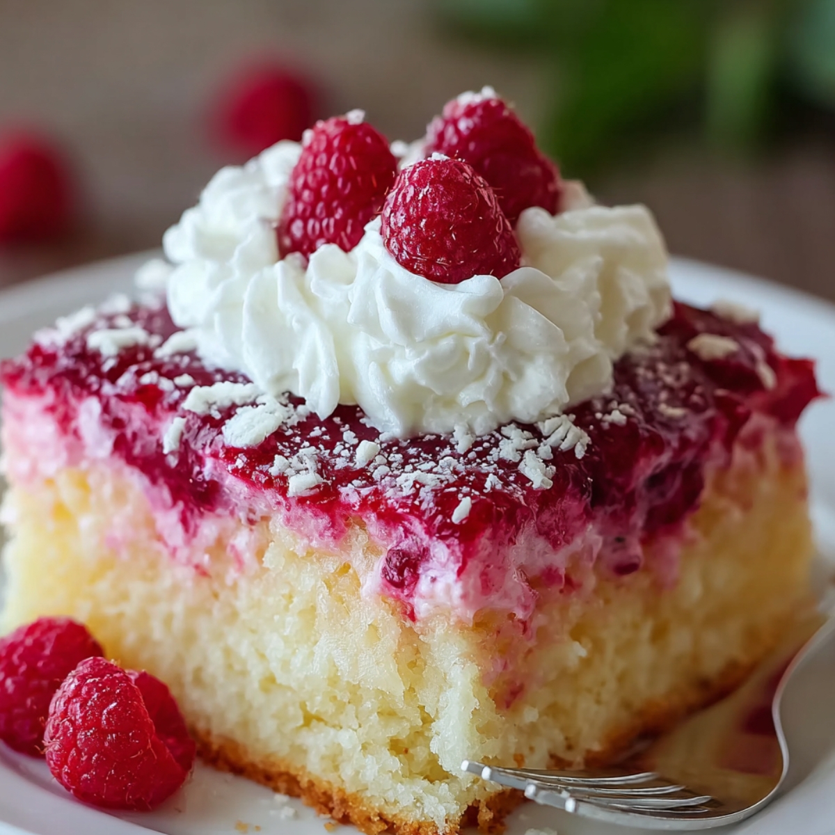 A homemade slice of raspberry zinger poke cake topped with whipped cream and fresh raspberries.